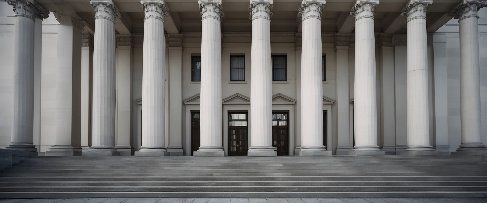 Neoclassical courthouse facade: a colonnade of fluted stone columns above a wide staircase, with the main doors at the centre.