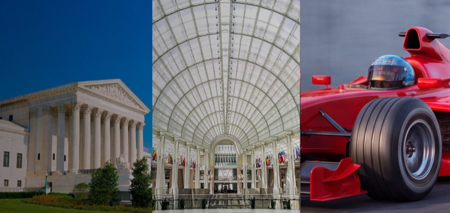 The United States Supreme Court, a glass-vaulted atrium, and a racing car